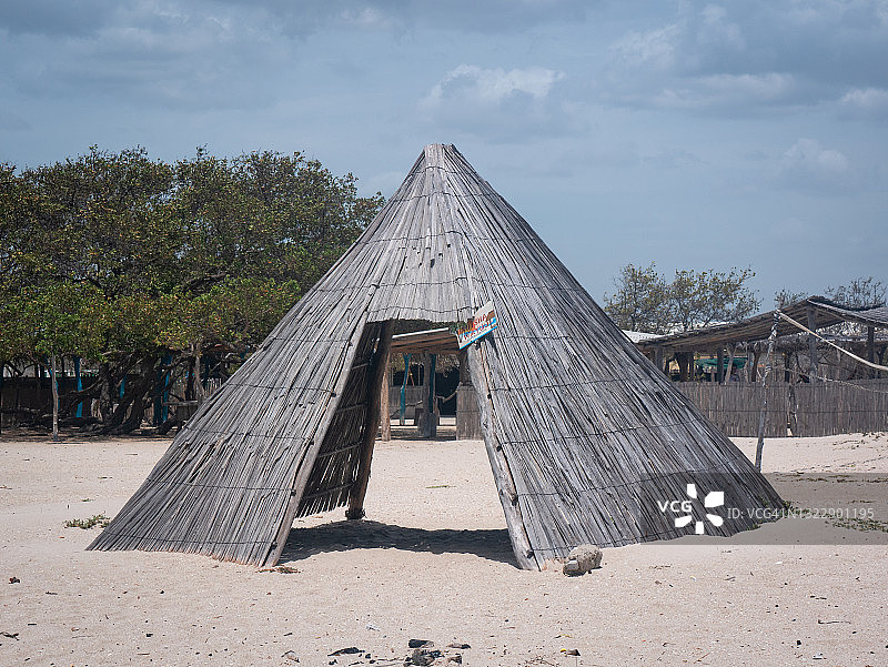 哥伦比亚马亚波海滩上的香蕉叶和原木生态伞图片素材