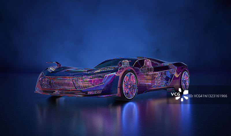 发光未来主义透明汽车与彩色空气动力学灯图片素材