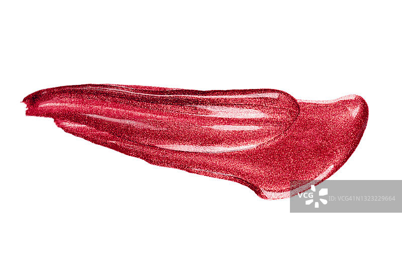 白色背景上分离的红色闪光口红印记，唇彩，指甲油涂抹，化妆和护肤品，美容化妆品，特写图片素材