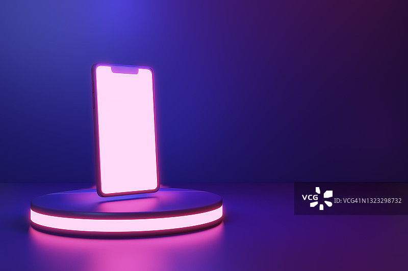 3D霓虹灯色调舞台上的智能手机图片素材