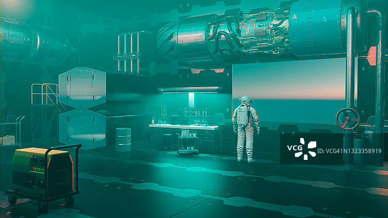 执行太空任务的宇航员或科学家站在实验室里向窗外望去图片素材