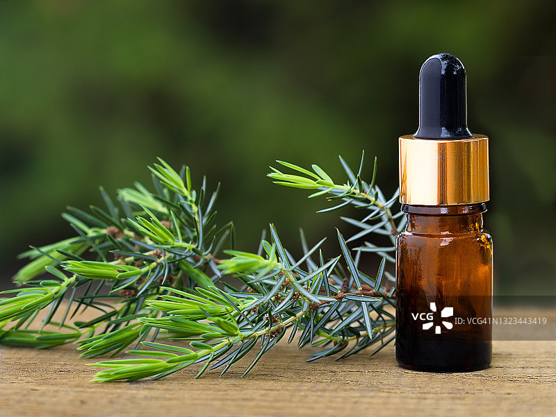 木桌上的玻璃滴管瓶与杜松枝，自然绿色背景留白图片素材