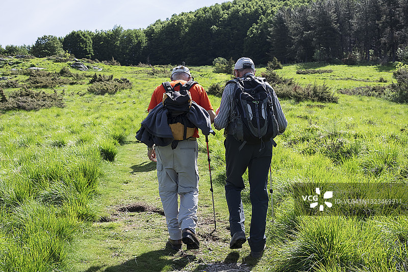 年长的徒步旅行者在山坡小路上行走图片素材