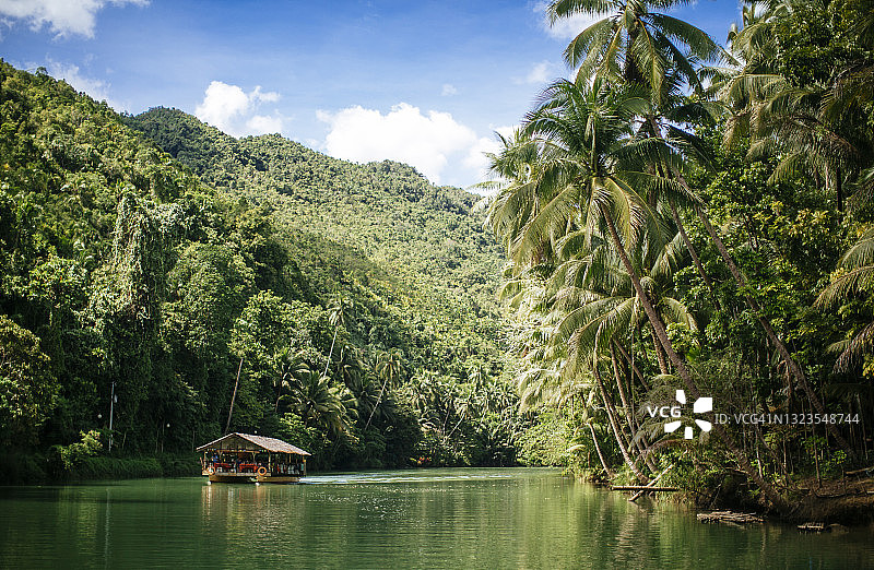 在河流和热带雨林中巡航的洛博克旅游船图片素材
