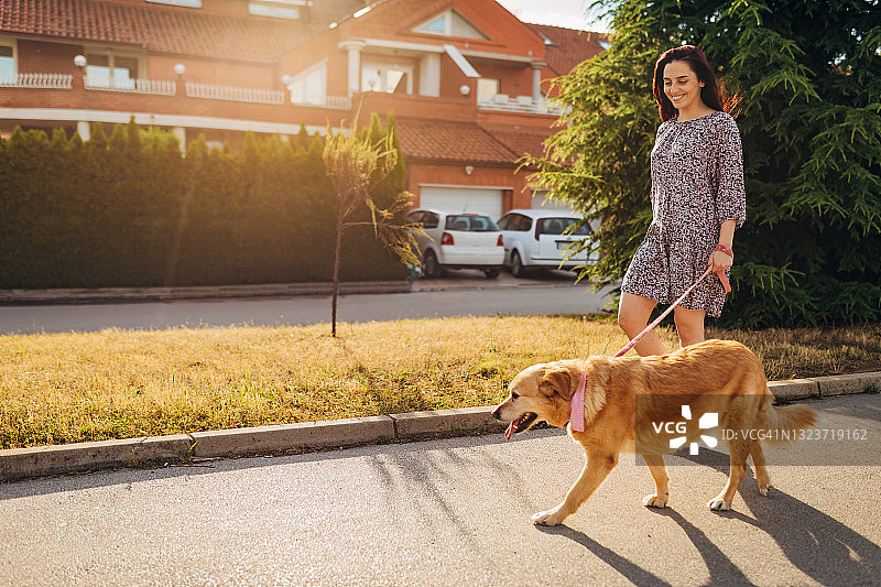 可爱的狗狗和女主人悠闲散步图片素材