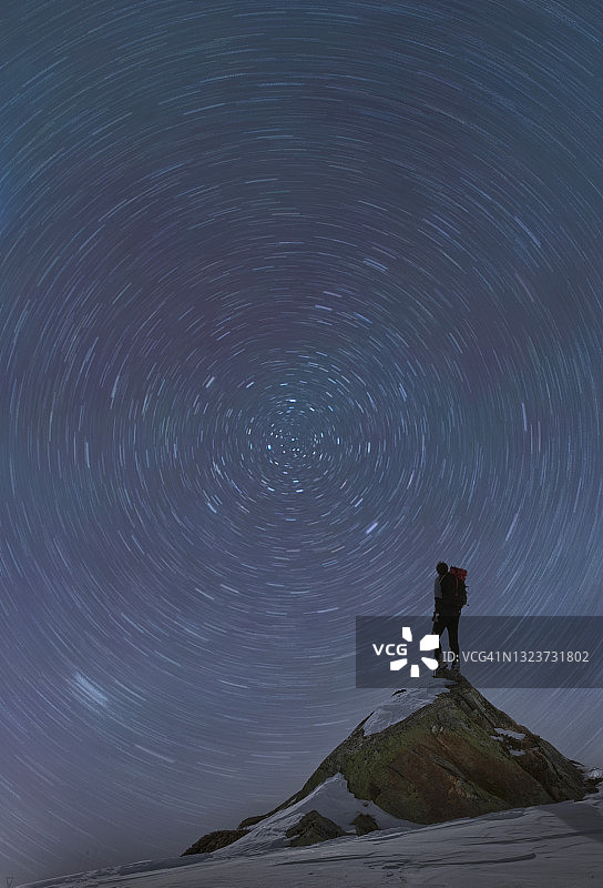 法国上萨瓦省霞慕尼勃朗峰：登山者观星轨图片素材