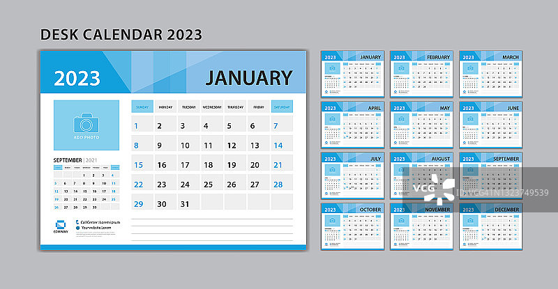 2023年台历模板矢量图，包含12个月，周日开始，适用于文具印刷广告的2023年挂历图片素材