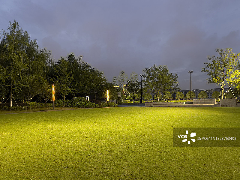 夜晚灯光下的草坪图片素材