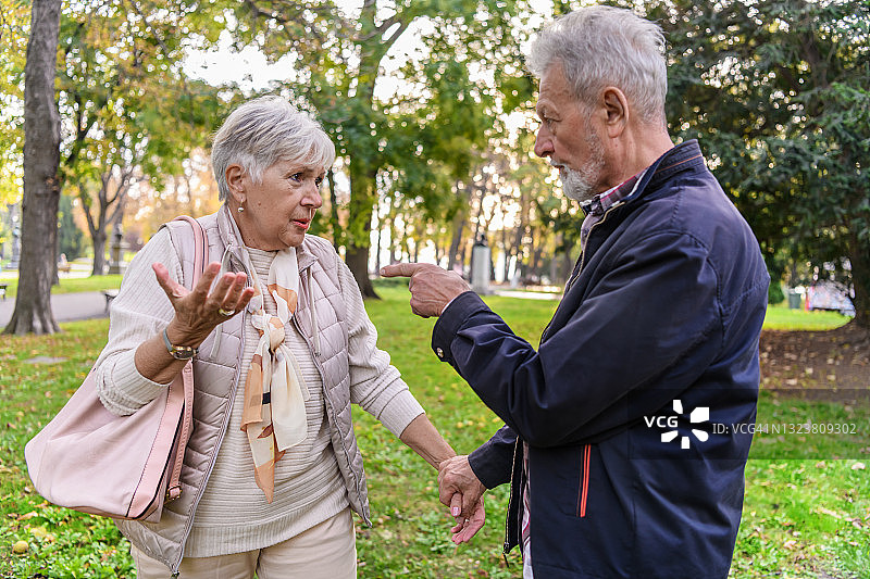一对老夫妇在城市公园里争吵图片素材
