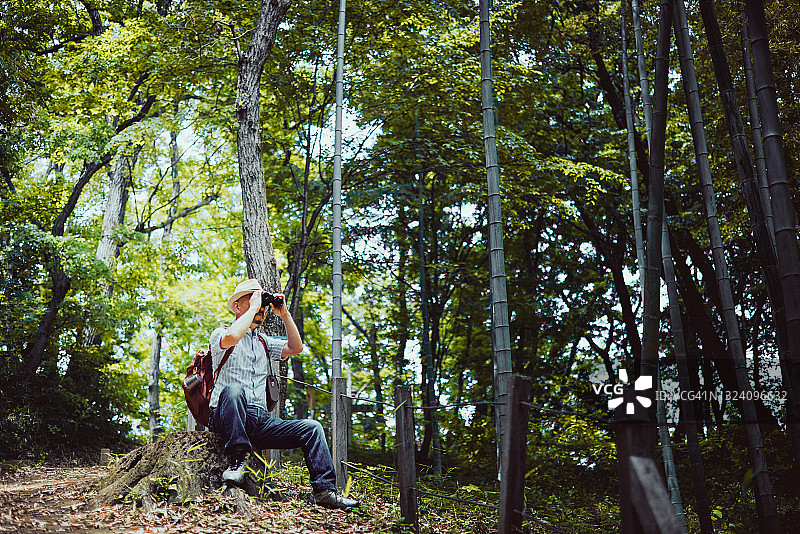 中年男人在森林里徒步旅行，用双筒望远镜欣赏风景图片素材