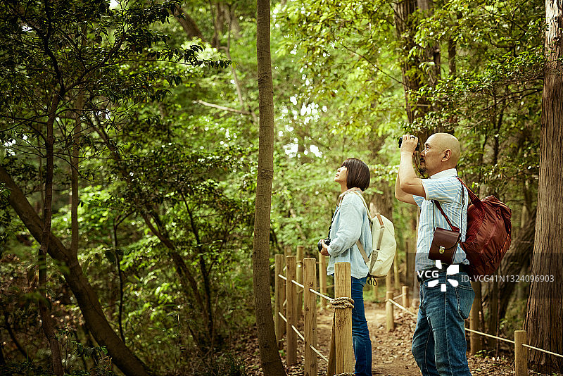 一对中年夫妇在森林里徒步旅行，用双筒望远镜观看风景图片素材