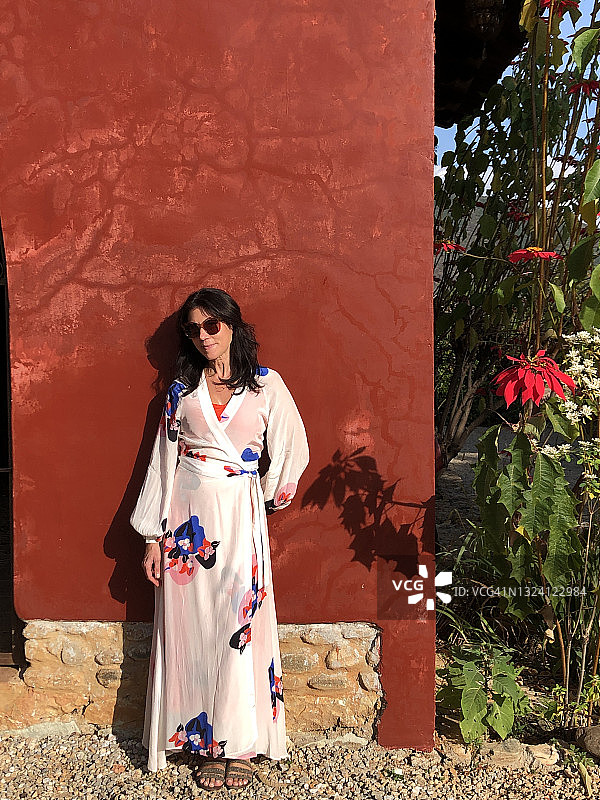 戴着太阳镜和印花连衣裙，坐在冬日红附近的岩石架上的拉丁裔女人图片素材