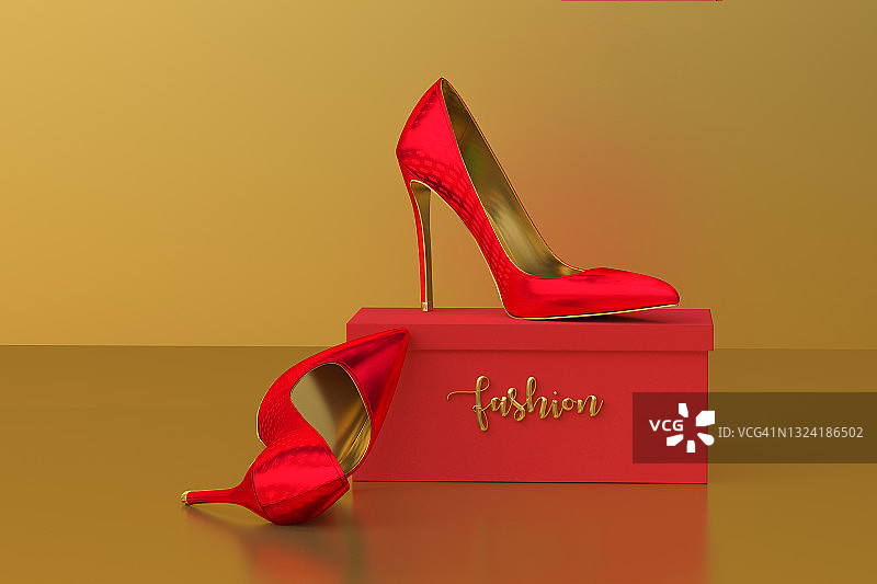 品红色高跟浅口鞋，高定金色和品红色凉鞋电脑生成图像图片素材