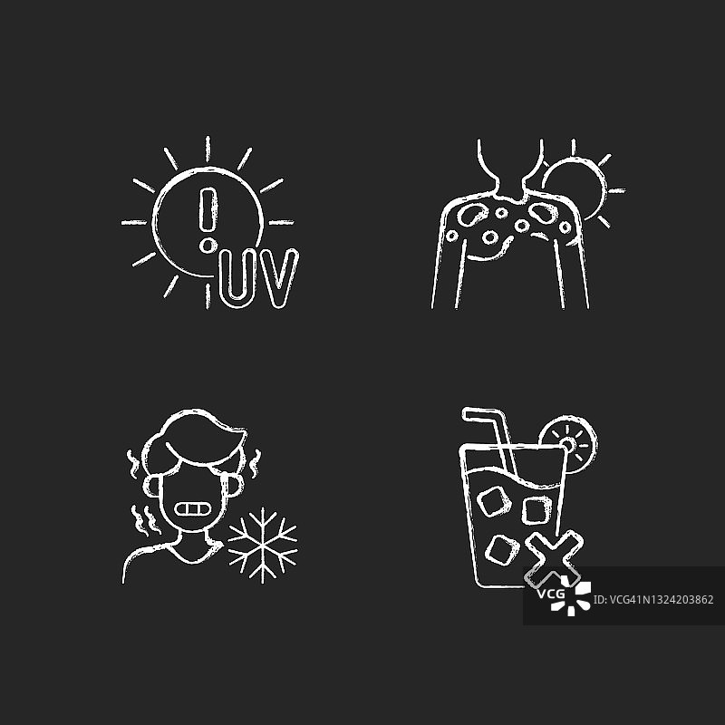 深色背景上的晒伤风险白色粉笔图标集图片素材