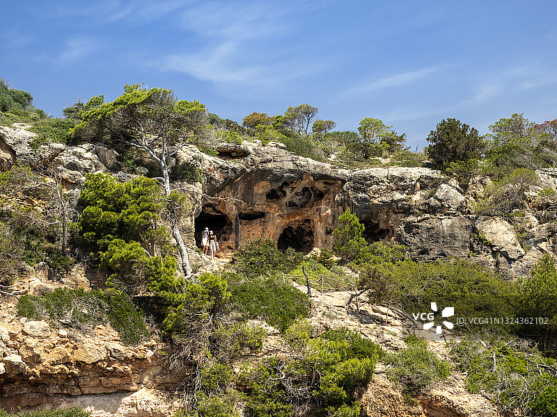 人们沿着海边松树林间的山路行走图片素材