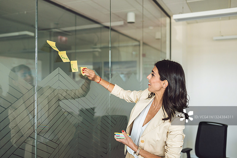 微笑的中年女商人便签留言图片素材