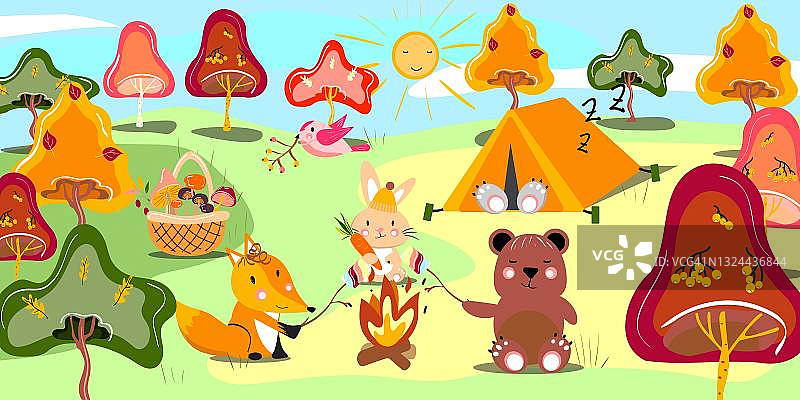 可爱森林动物们的野餐图片素材