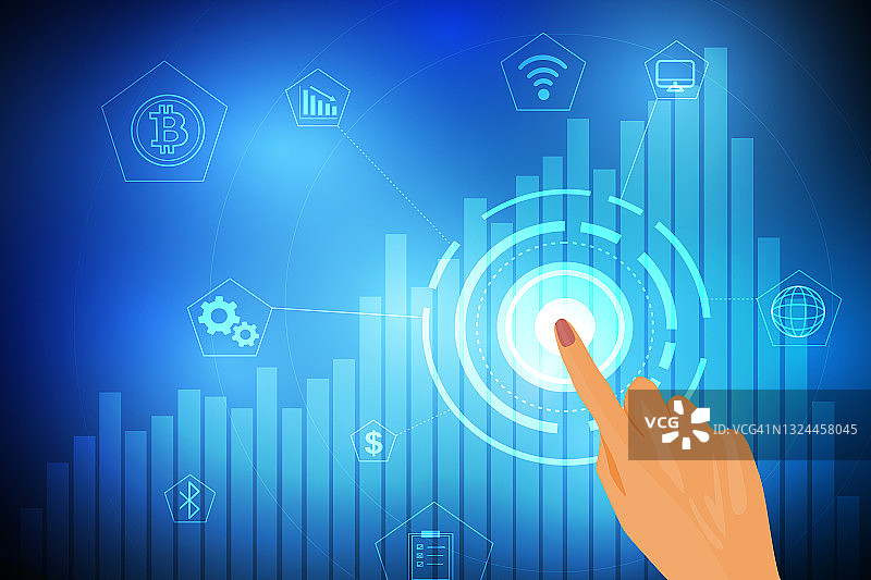 数字触摸屏插图概念，显示一个人正在触摸数字触摸屏设备，业务符号闪亮出现，并带有业务增长的蓝色光芒图片素材