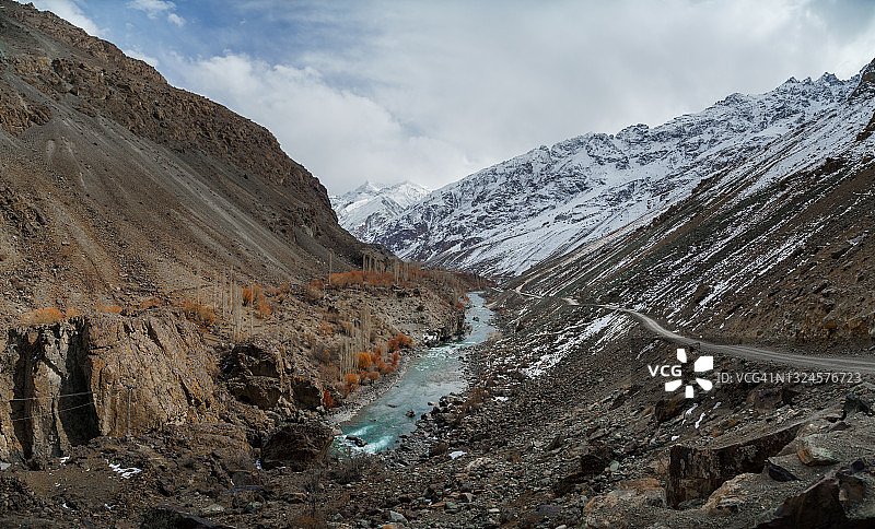 绿松石湖泊与雪山山脉背景，巴基斯坦喀喇昆仑公路图片素材