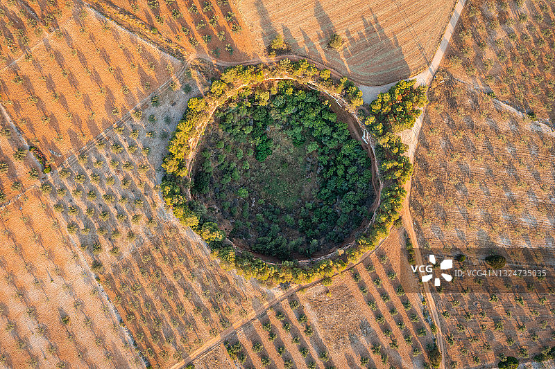 俯瞰橄榄树丛中的落水洞航拍照片图片素材
