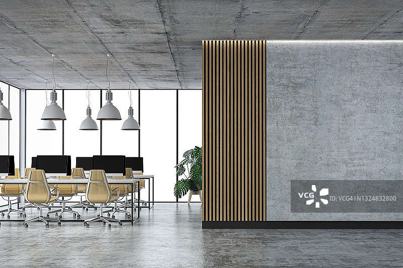 带有复制空间和混凝土地板上工作台的空办公室内部图片素材