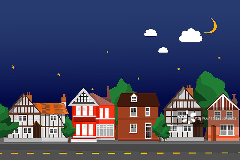 美丽的小村庄插图概念，展示了在闪亮的月亮和星星下，夜晚传统的小房子，创造小城市背景。图片素材