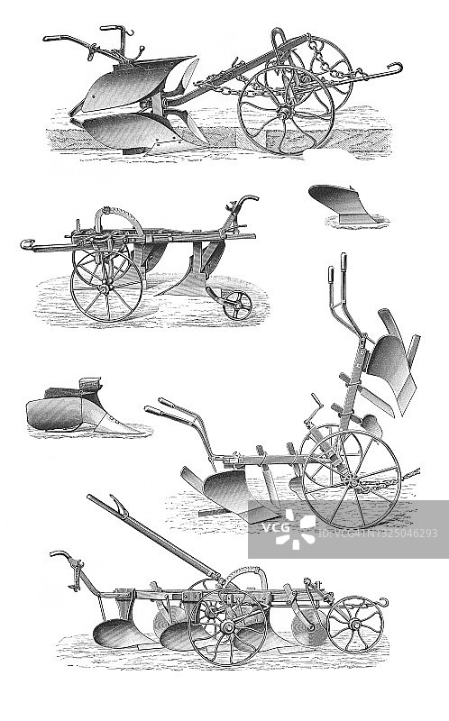 农业耕作工具古版画图片素材