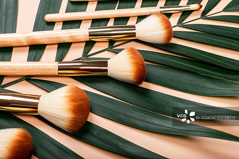 腮红和散粉用软刷，零浪费概念。米色背景上带有绿叶的天然木制化妆刷套装图片素材