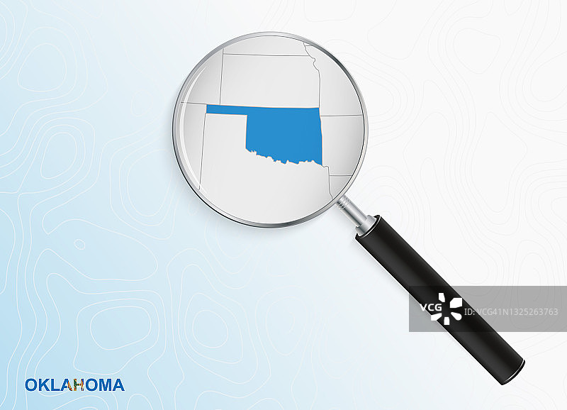 抽象地形背景上的俄克拉荷马州地图放大镜图片素材