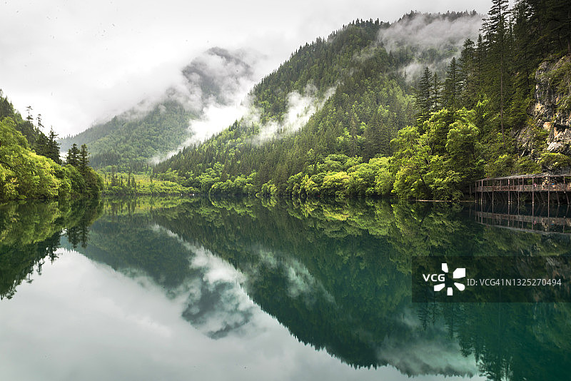 九寨沟国家公园熊猫海清澈的冰川水图片素材