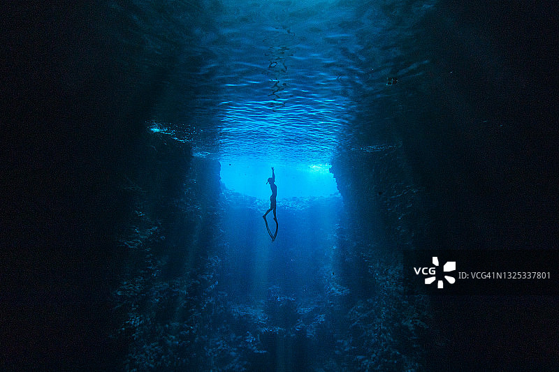 潜水员在水下洞穴中游向海洋表面的光亮处图片素材