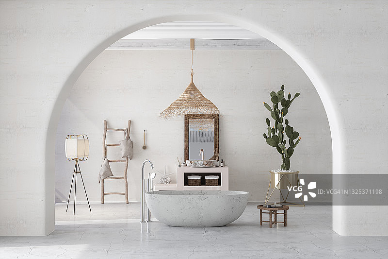 带浴缸、仙人掌、落地灯和木梯的现代白色浴室图片素材