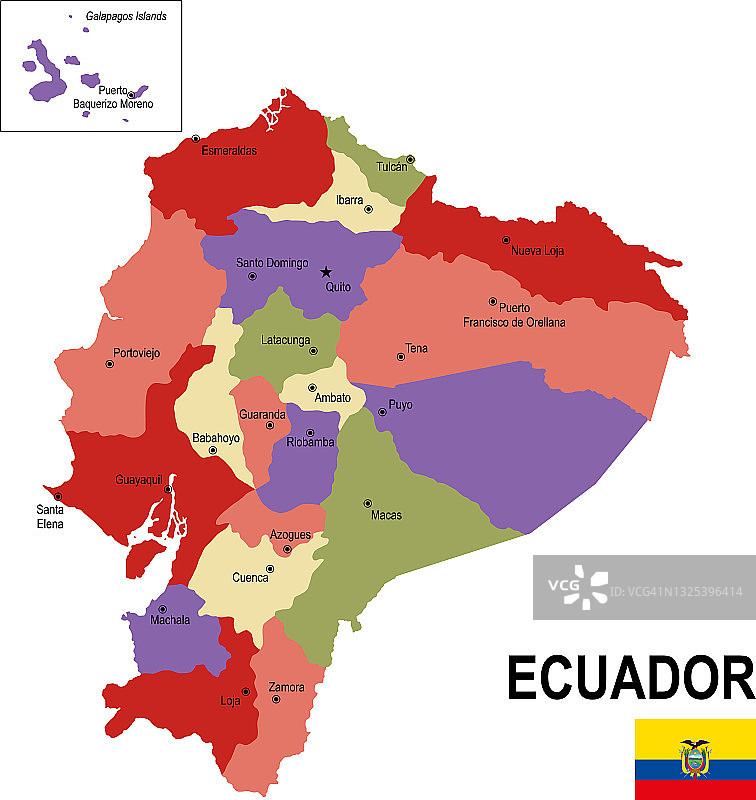 带有旗帜的厄瓜多尔彩色扁平地图图片素材