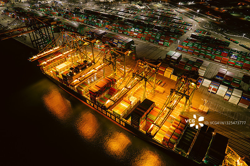 洛杉矶港口鸟瞰图，包含起重机、龙门架和集装箱图片素材
