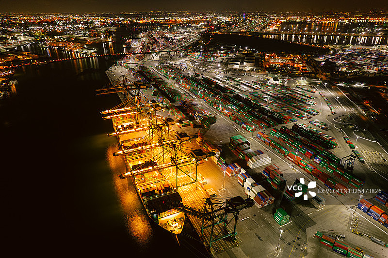 洛杉矶港口鸟瞰图，包含起重机、龙门架和集装箱图片素材
