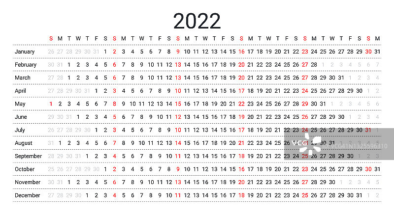 2022线性日历年度计划模板矢量插画图片素材