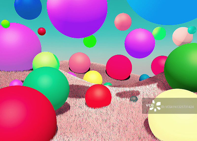 粉色山丘之间彩色球体的超现实数字景观创作图片素材