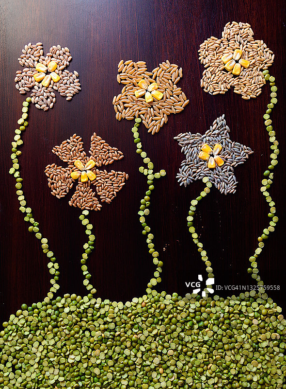 各种谷物摆放成花朵形状图片素材