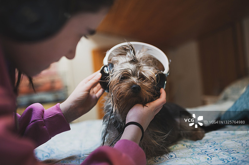 可爱的小女孩戴着耳机给她的宠物听音乐，有趣的生活方式概念。图片素材