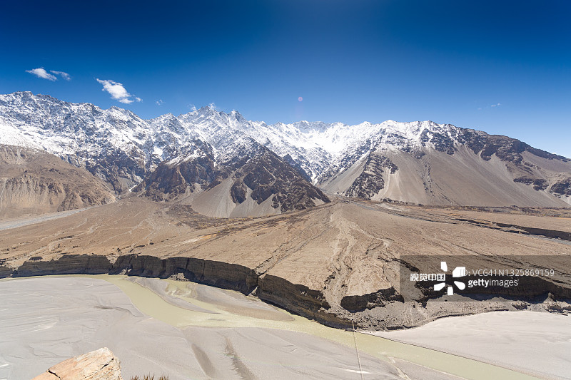 白雪皑皑的巴基斯坦喀喇昆仑山脉在蓝天，乔戈里峰和南迦帕尔巴特，帕苏山谷和冰川。图片素材