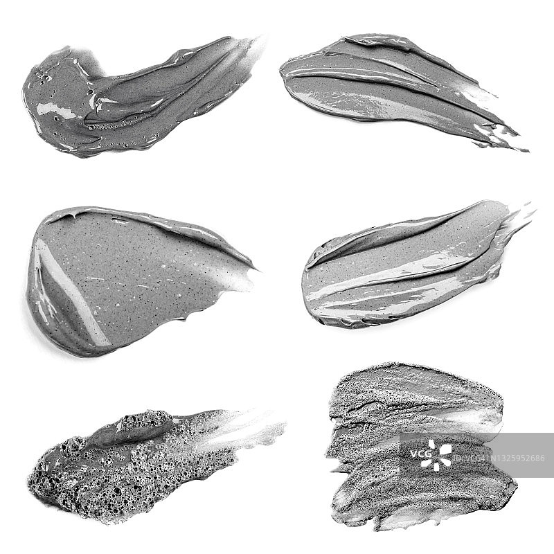 黑色泥土样本涂抹，白色背景上的韩国面膜灰色涂抹，痤疮治疗、美容、皮肤科，美容产品，皮肤护理，有机化妆品，碳酸图片素材