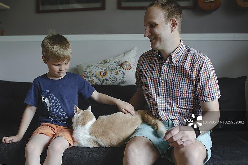 父子和一只猫图片素材