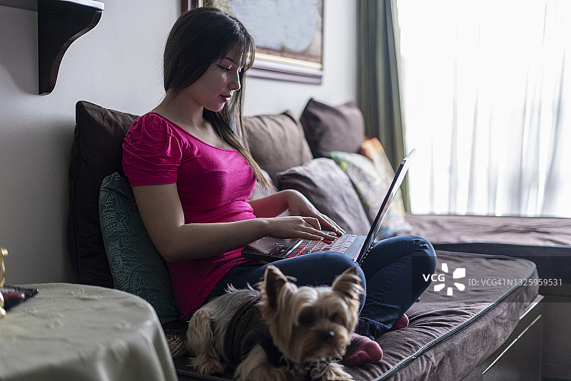 年轻的拉丁女人和她的宠物一起坐在沙发上学习图片素材