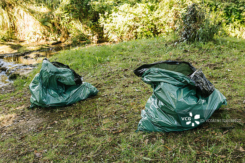 河岸上的绿色垃圾袋图片素材