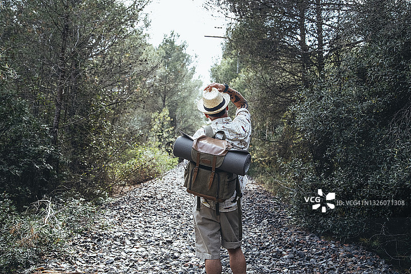 沉思的旅行者背对镜头眺望远方道路图片素材