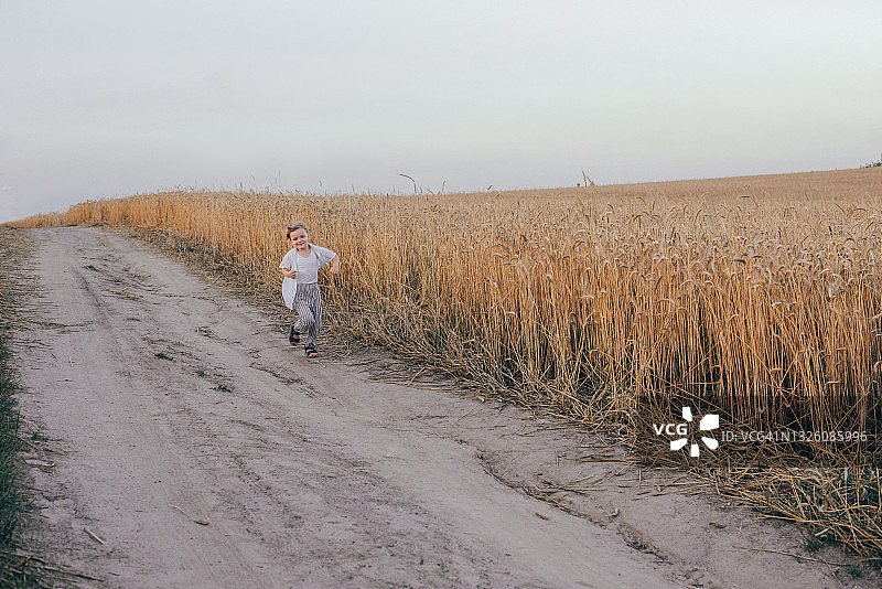 在麦田里奔跑的快乐的5岁可爱男孩肖像，穿着白色衬衫图片素材