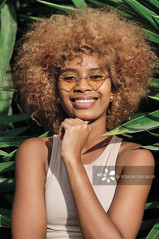 树叶中，手托下巴的美丽非洲裔女人图片素材