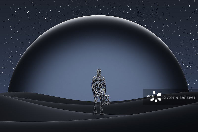 线框男人手提公文包站在大球体前的3D渲染图片素材