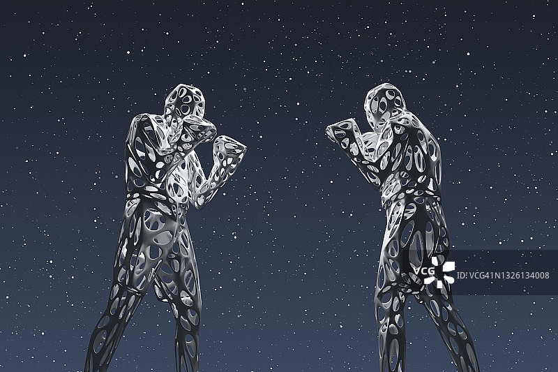 线框男人在星空下准备战斗的三维渲染图片素材