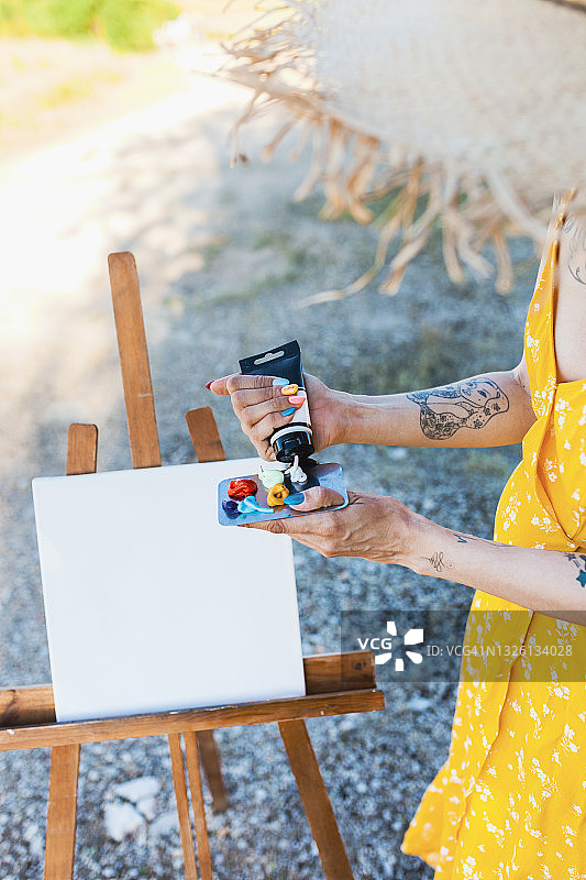 中年女人在画布旁挤压颜料图片素材